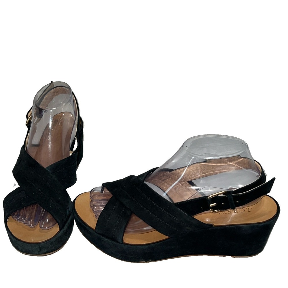J Crew Marcie Sandals Black Suede Criss Cross Platform Wedge Slingback Size 8.5